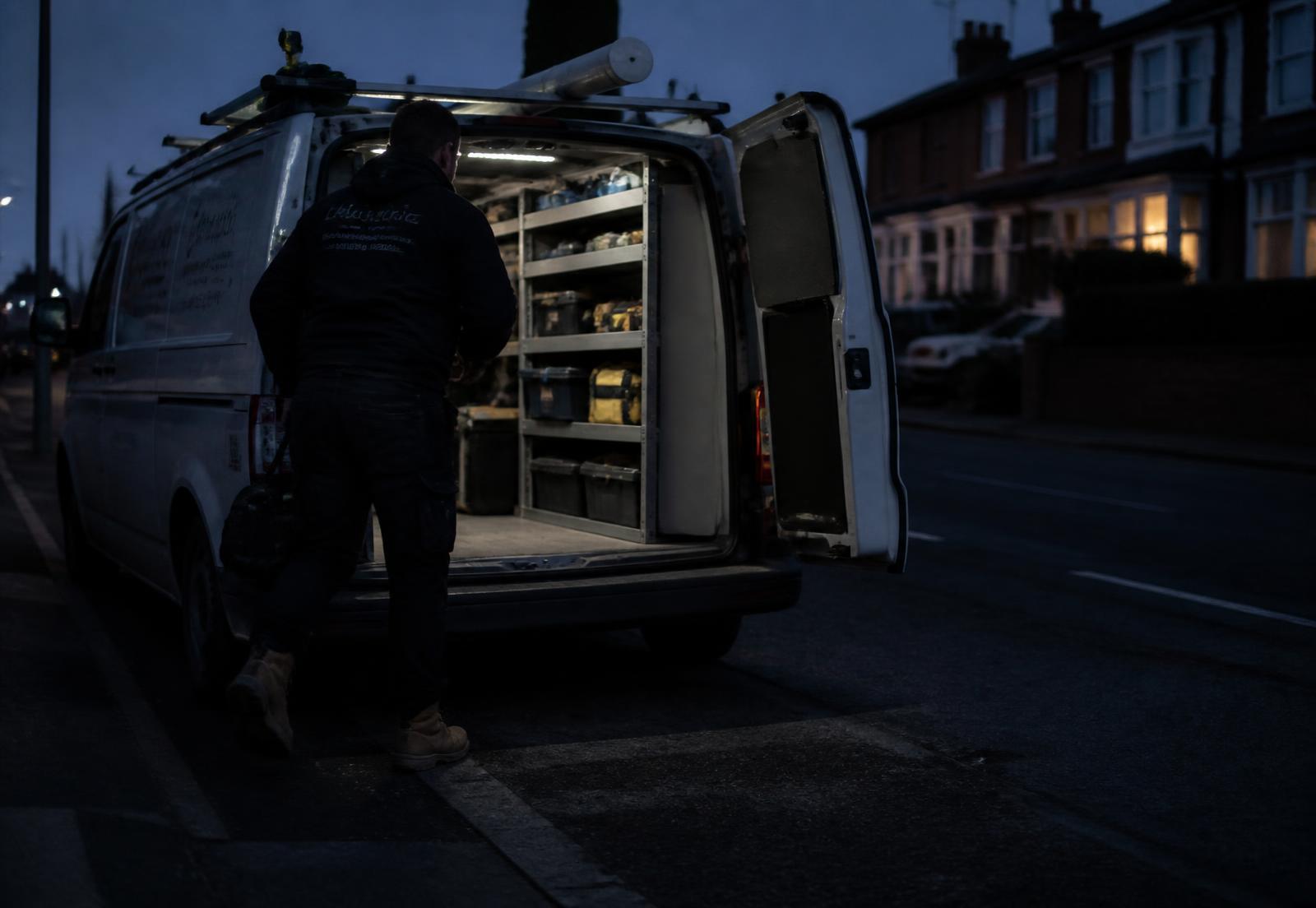 UK tradesperson loading tools at the back of a work van at dusk